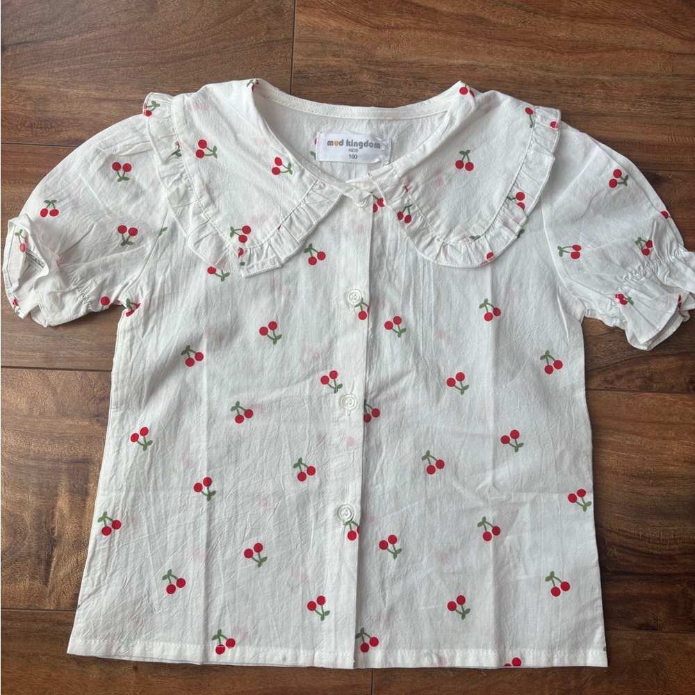 White and Red Floral Blouse with Ruffled Sleeves